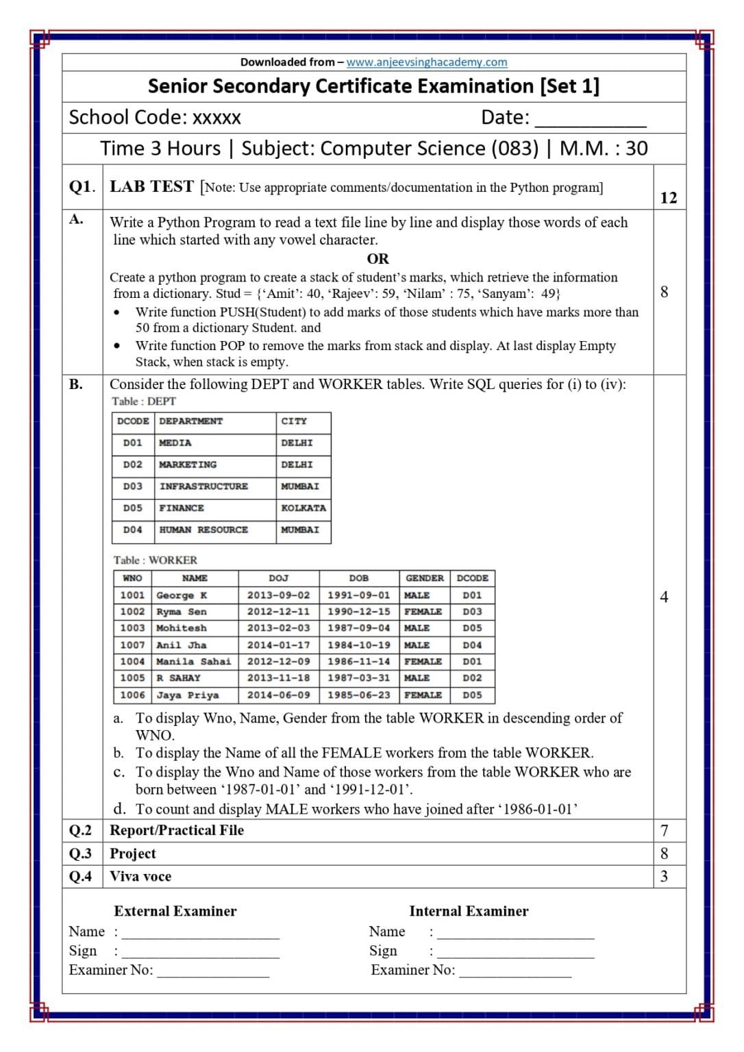 Class 12 Computer Science (083) — Practical Examination Question Paper ...