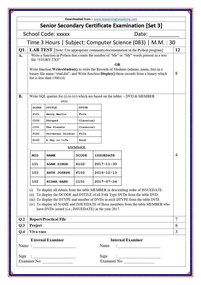 ass 12 Computer Science (083) — Practical Examination Question Paper ...