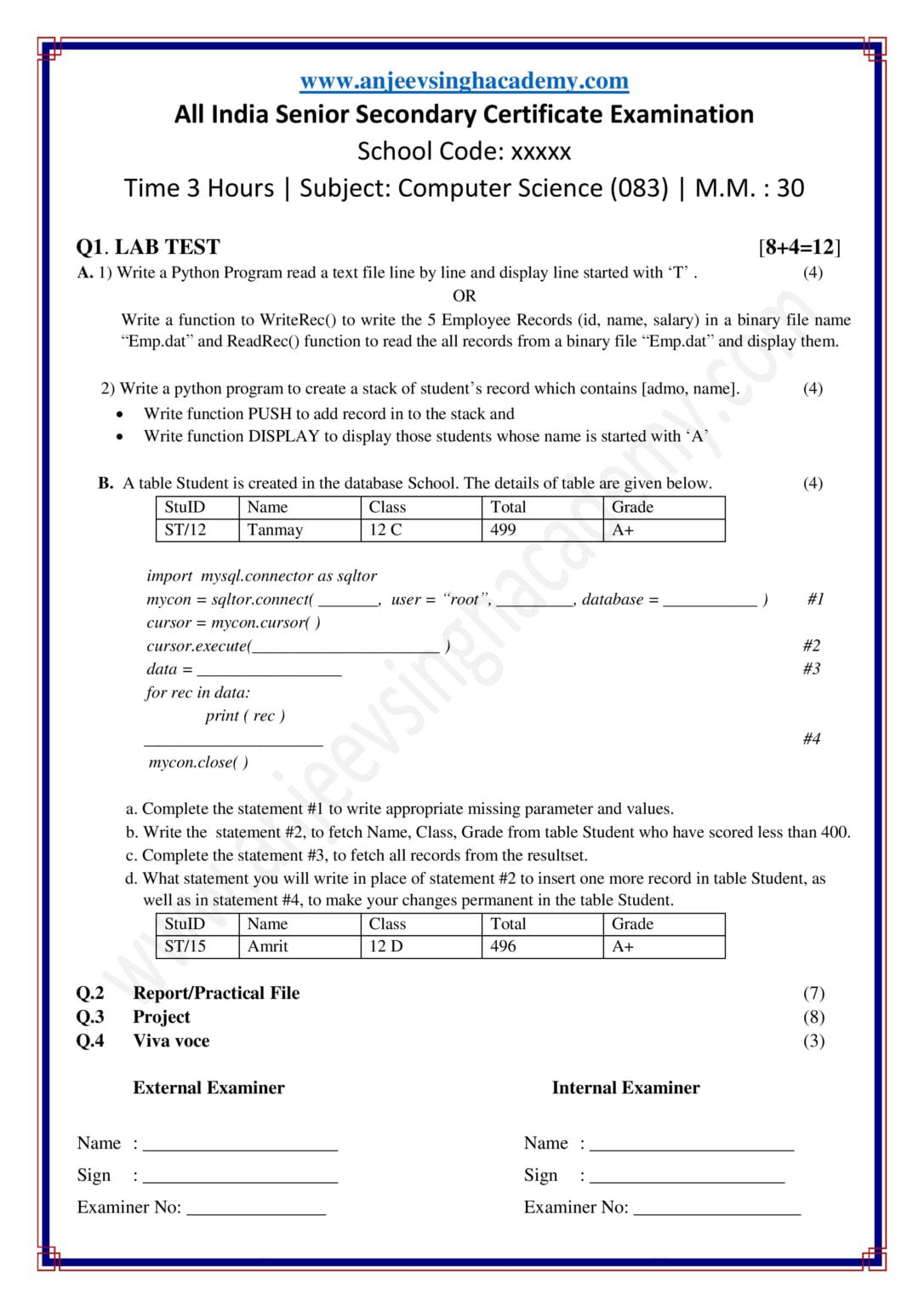 CBSE Class 12 Computer Science (083) - 8 Sets Practical Examination ...