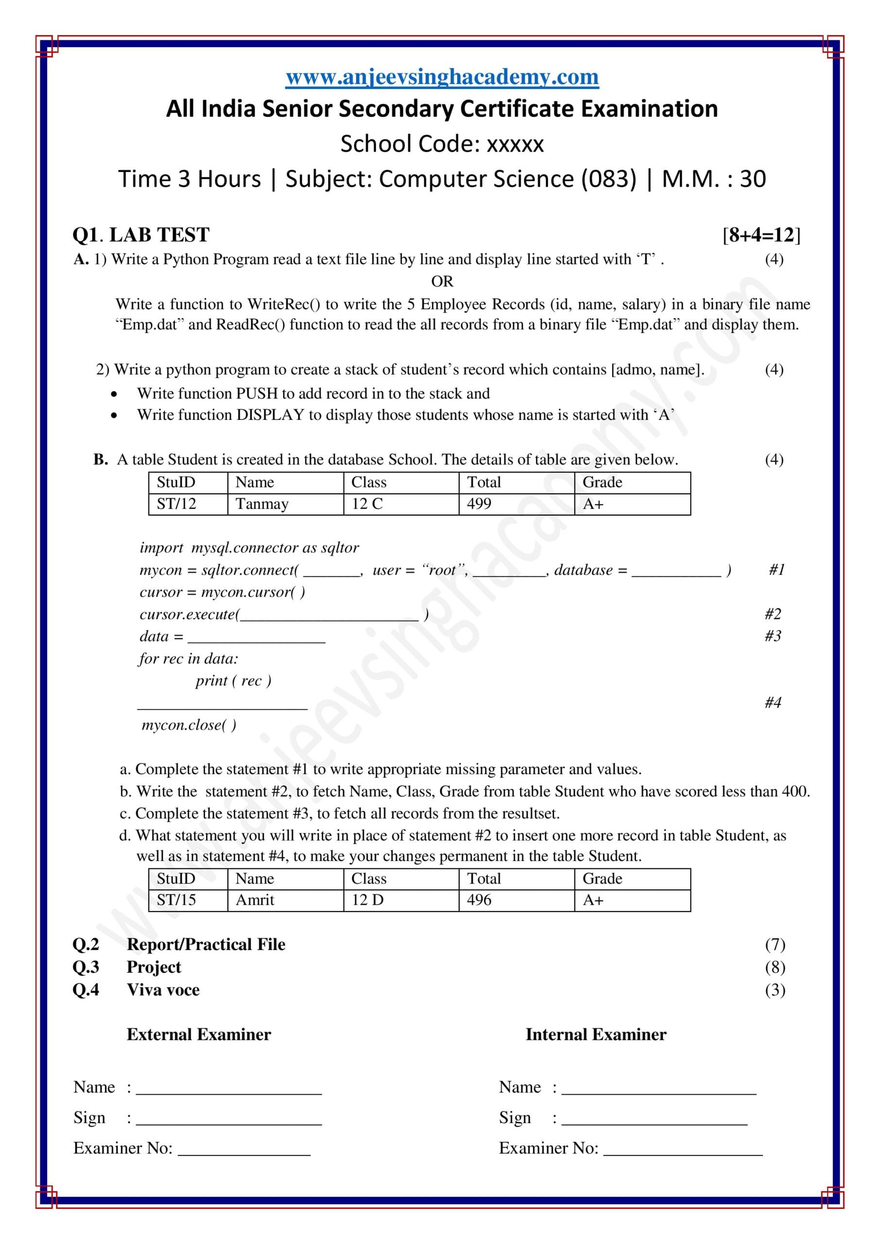 CBSE XII Computer Science 083 Practical Question Paper Set 2 - Download ...