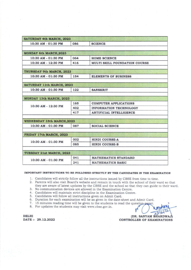 CBSE Board Examination 2023 DATE SHEET Class X Secondary School ...