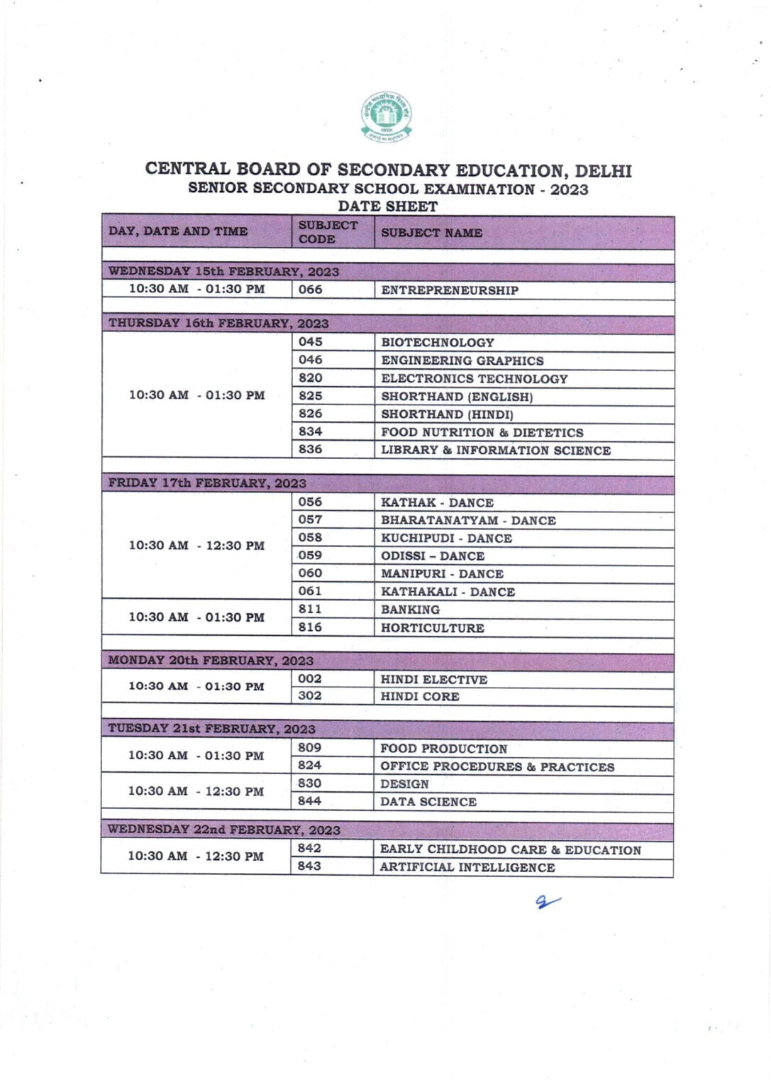 CBSE Board Examination 2023 Class XII Senior Secondary School ...