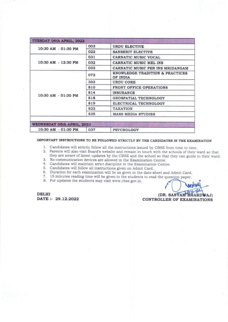 Cbse Board Examination 2023 Class Xii Senior Secondary School