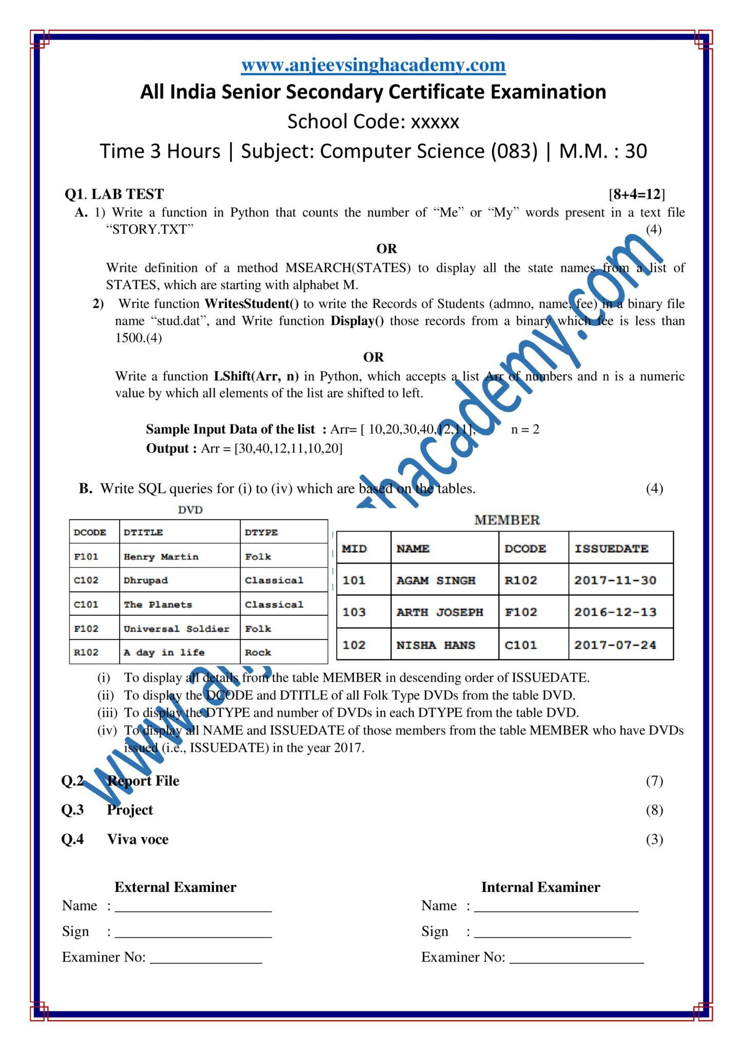 CBSE Class 12 Computer Science (083) - 8 Sets Practical Examination ...
