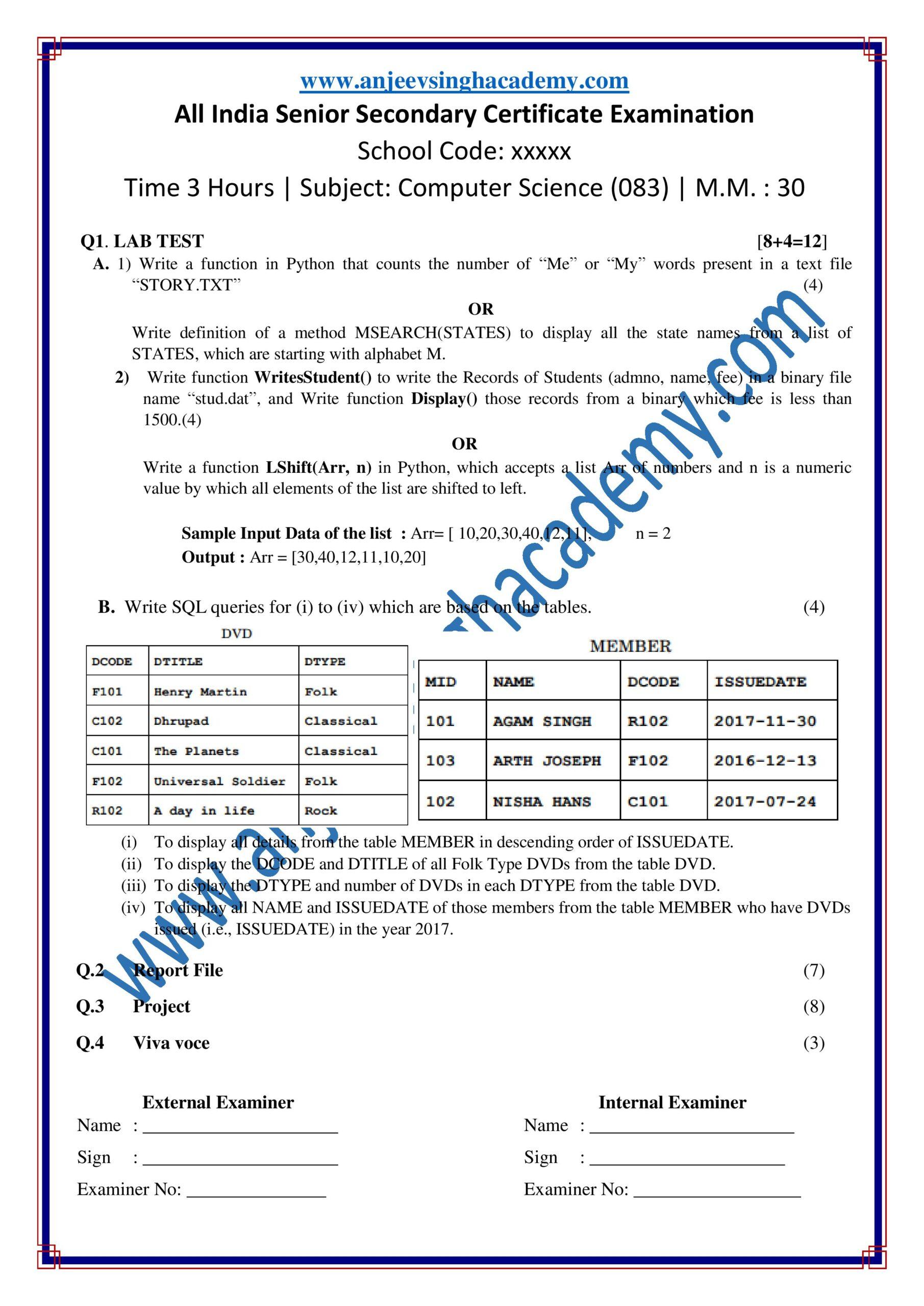 CBSE Class 12 Computer Science (083) - 8 Sets Practical Examination ...